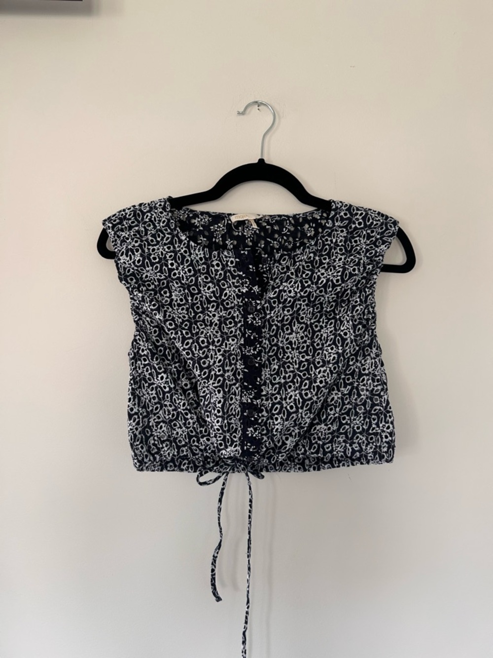 Maje Navy and White Floral Tie-Front Crop Top